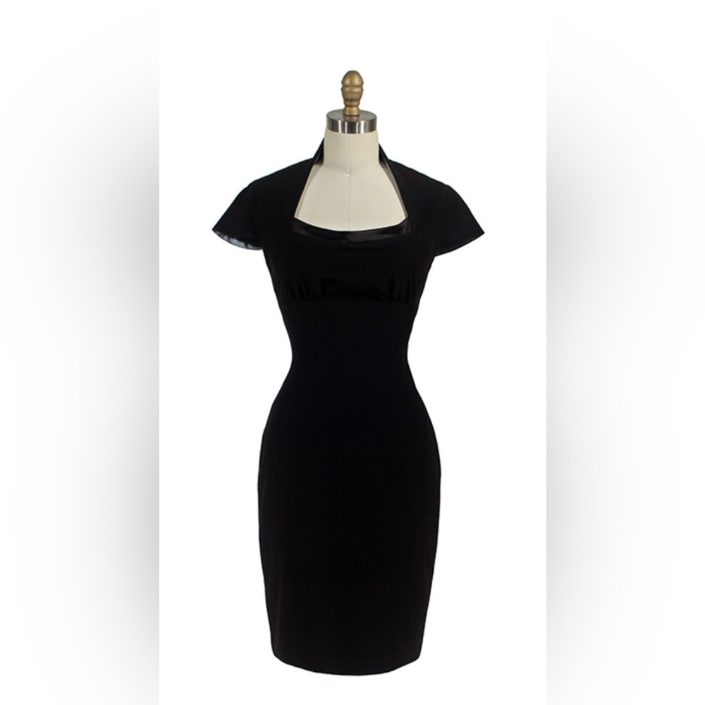 Anya Ponorovskaya Black Wool Sheath Dress Square Neck Cap Sleeve Size 6
